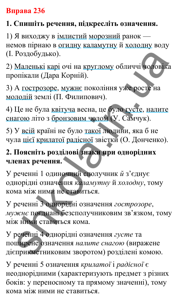 Відповіді до вправи 236 (с. 199) з української мови для 8 класу (Літвінова, 2025): Однорідні й неоднорідні означення