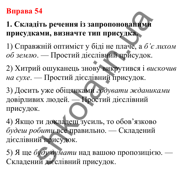Відповіді до вправи 54 (с. 44) з української мови для 8 класу (Літвінова, 2025): Способи вираження присудка