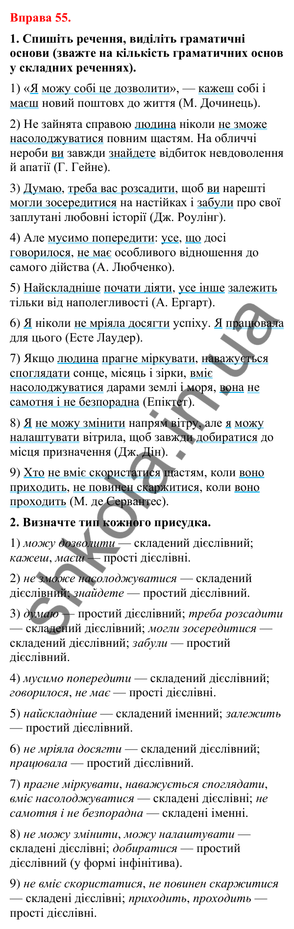 Відповіді до вправи 55 (с. 44) з української мови для 8 класу (Літвінова, 2025): Способи вираження присудка