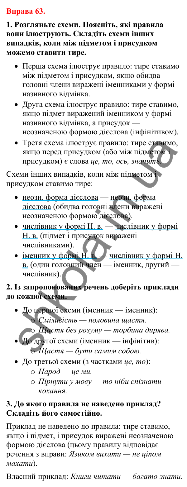 Відповіді до вправи 63 (с. 53) з української мови для 8 класу (Літвінова, 2025): Тире між підметом і присудком