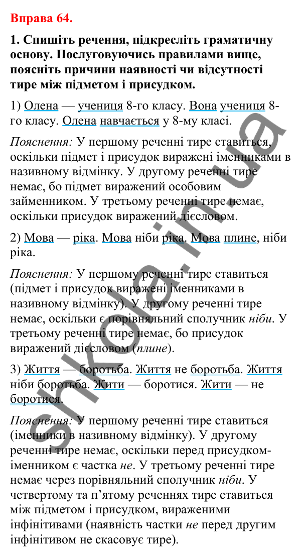 Відповіді до вправи 64 (с. 53) з української мови для 8 класу (Літвінова, 2025): Тире між підметом і присудком