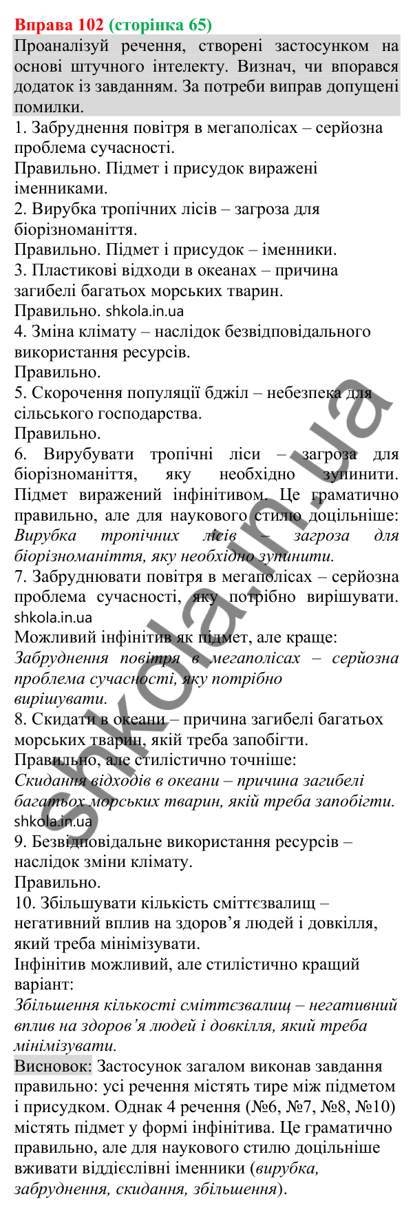 Відповідь до вправи 102 (с. 65) з української мови для 8 класу (Онатій, 2025): Тире між підметом і присудком