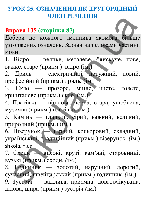 Відповідь до вправи 135 (с. 87) з української мови для 8 класу (Онатій, 2025): Означення як другорядний член речення