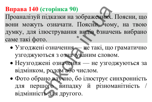 Відповідь до вправи 140 (с. 90) з української мови для 8 класу (Онатій, 2025): Означення як другорядний член речення