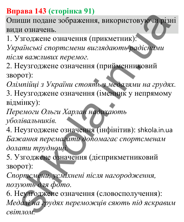 Відповідь до вправи 143 (с. 91) з української мови для 8 класу (Онатій, 2025): Означення як другорядний член речення