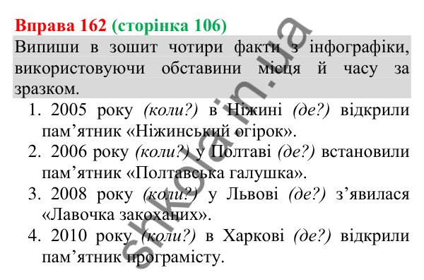 Відповідь до вправи 162 (с. 106) з української мови для 8 класу (Онатій, 2025): Види обставин за значенням, способи їх…