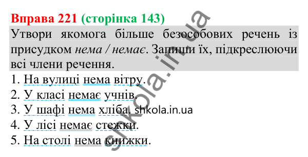 Відповідь до вправи 221 (с. 143) з української мови для 8 класу (Онатій, 2025): Односкладні безособові речення