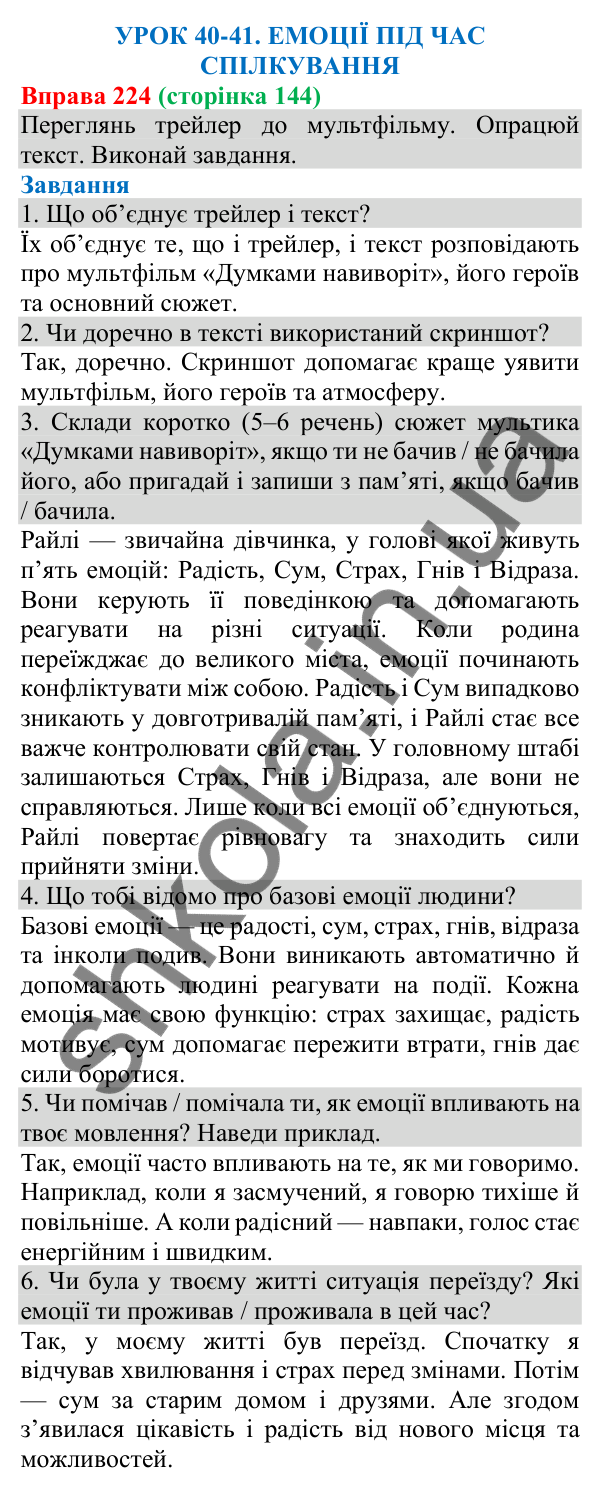 Відповідь до вправи 224 (с. 144) з української мови для 8 класу (Онатій, 2025): Емоції під час спілкування