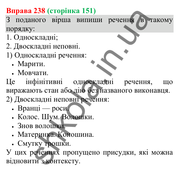 Відповідь до вправи 238 (с. 151) з української мови для 8 класу (Онатій, 2025): Повні й неповні речення. Тире в неповних…
