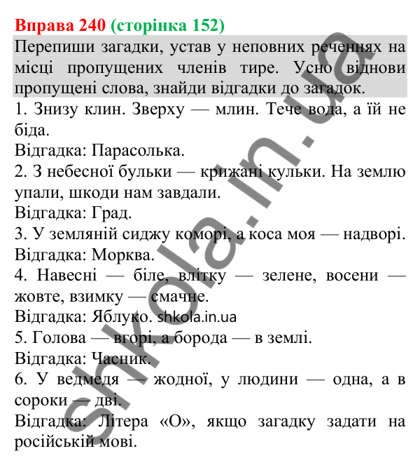 Відповідь до вправи 240 (с. 152) з української мови для 8 класу (Онатій, 2025): Повні й неповні речення. Тире в неповних…
