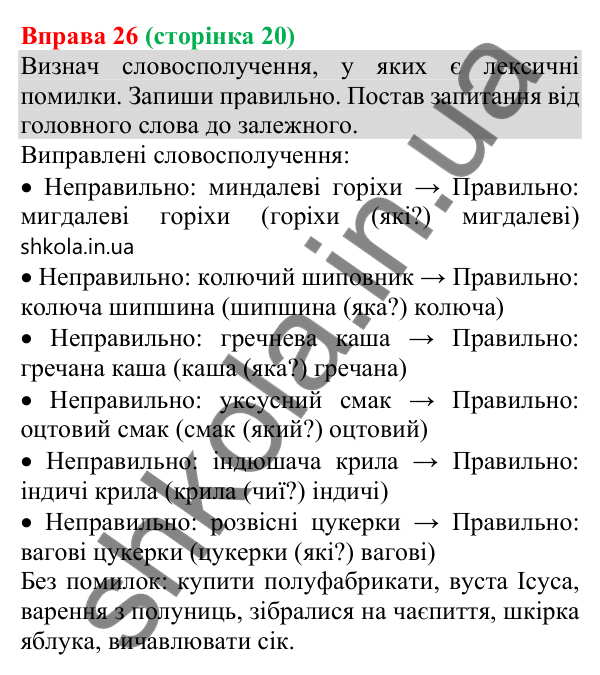 Відповідь до вправи 26 (с. 20) з української мови для 8 класу (Онатій, 2025): Словосполучення. Частини мови як будівельний…