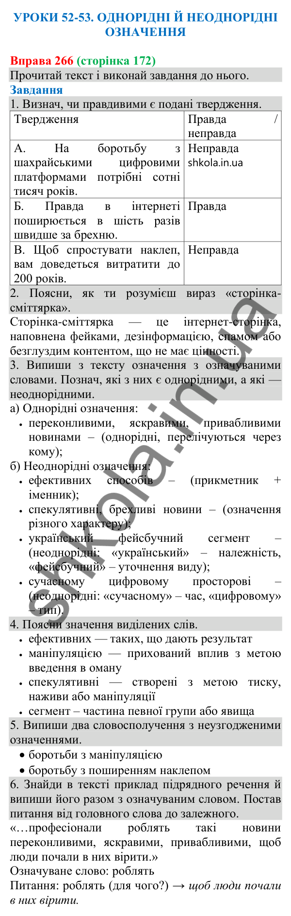 Відповідь до вправи 266 (с. 172) з української мови для 8 класу (Онатій, 2025): Однорідні й неоднорідні означення