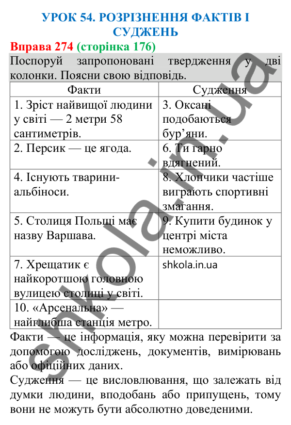 Відповідь до вправи 274 (с. 176) з української мови для 8 класу (Онатій, 2025): Розрізнення фактів і суджень