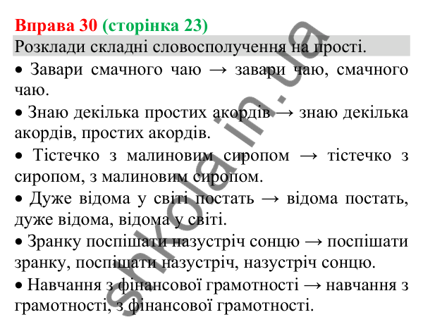 Відповідь до вправи 30 (с. 23) з української мови для 8 класу (Онатій, 2025): Будова й види словосполучень за способом…