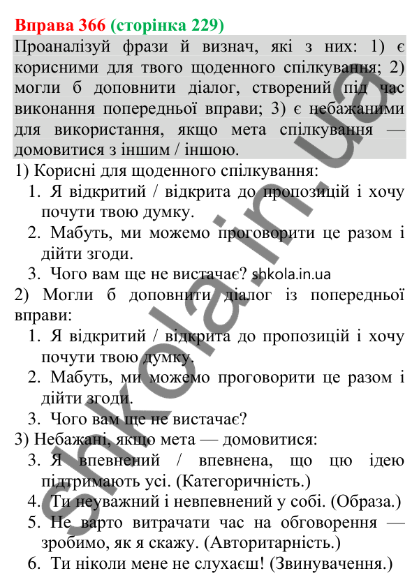 Відповідь до вправи 366 (с. 229) з української мови для 8 класу (Онатій, 2025): Комунікативні наміри. Домовитися