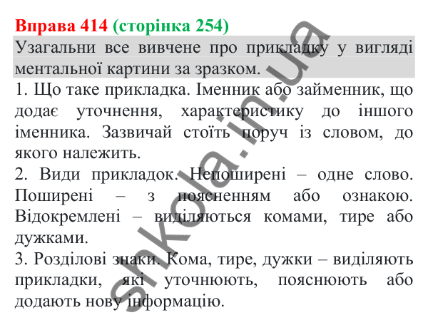 Відповідь до вправи 414 (с. 254) з української мови для 8 класу (Онатій, 2025): Відокремлені прикладки як різновид…