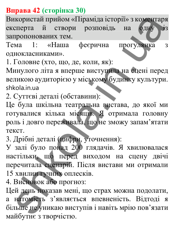 Відповідь до вправи 42 (с. 30) з української мови для 8 класу (Онатій, 2025): Розповідь у приватному спілкуванні