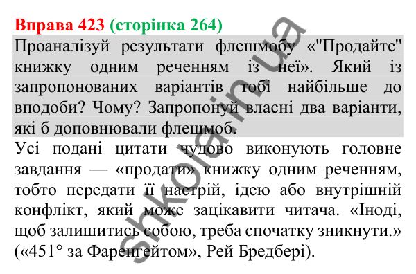 Відповідь до вправи 423 (с. 264) з української мови для 8 класу (Онатій, 2025): Відгук