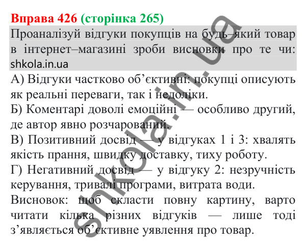 Відповідь до вправи 426 (с. 265) з української мови для 8 класу (Онатій, 2025): Відгук