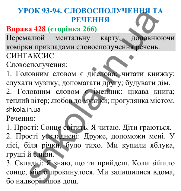 Відповідь до вправи 428 (с. 266) з української мови для 8 класу (Онатій, 2025): Словосполучення та речення