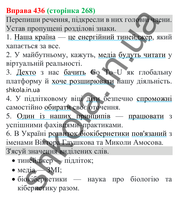 Відповідь до вправи 436 (с. 268) з української мови для 8 класу (Онатій, 2025): Головні та другорядні члени речення