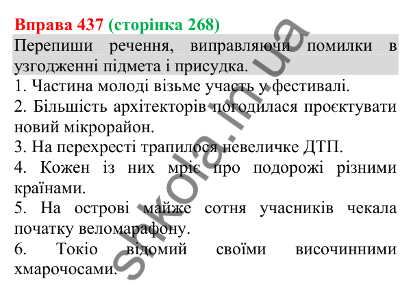 Відповідь до вправи 437 (с. 268) з української мови для 8 класу (Онатій, 2025): Головні та другорядні члени речення