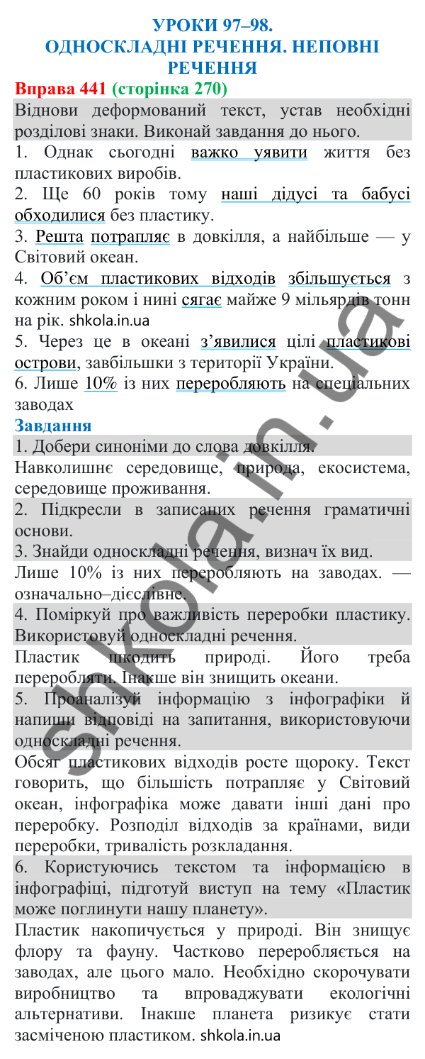 Відповідь до вправи 441 (с. 270) з української мови для 8 класу (Онатій, 2025): Односкладні речення. Неповні речення