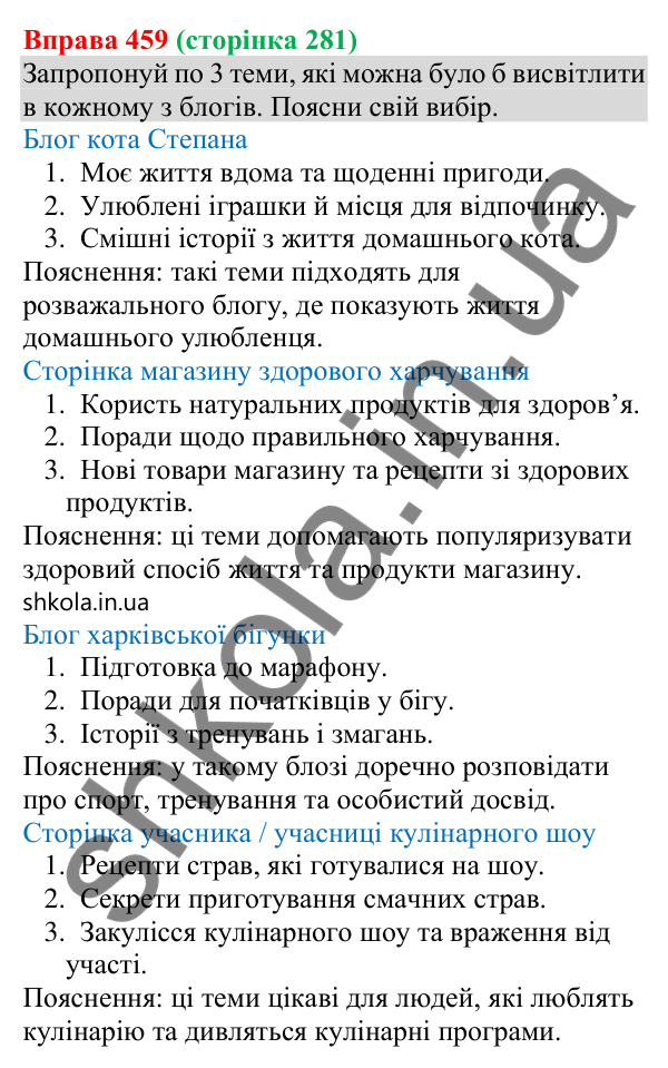 Відповідь до вправи 459 (с. 281) з української мови для 8 класу (Онатій, 2025): Блог