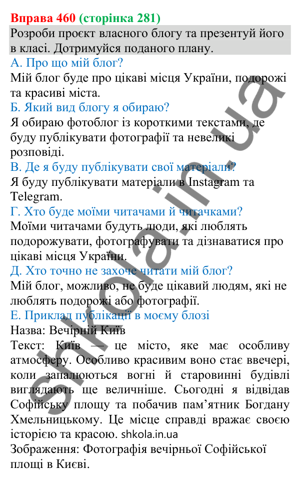 Відповідь до вправи 460 (с. 281) з української мови для 8 класу (Онатій, 2025): Блог