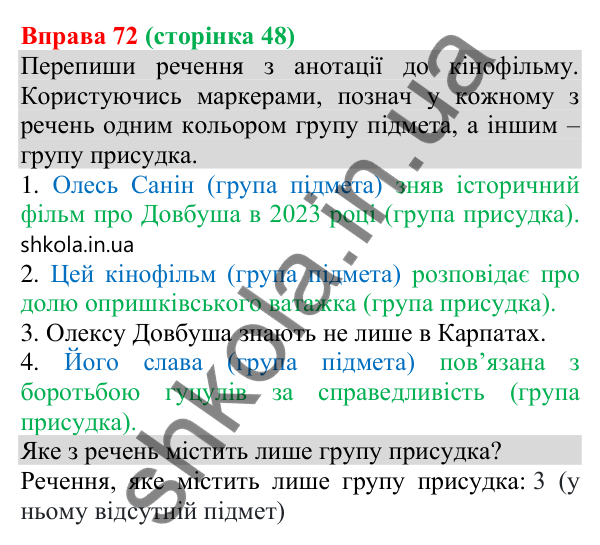Відповідь до вправи 72 (с. 48) з української мови для 8 класу (Онатій, 2025): Порядок слів у реченні. Групи підмета і…