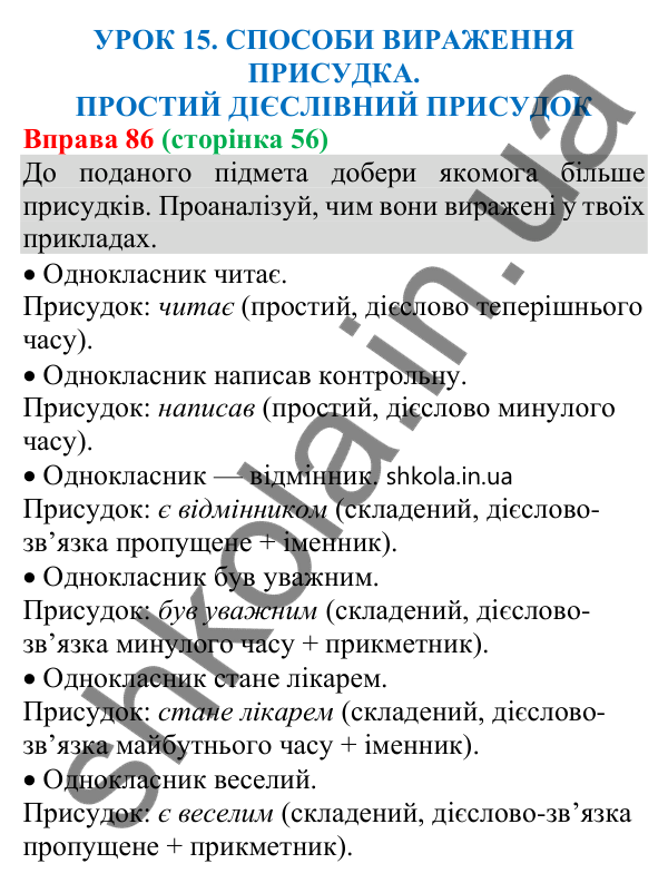 Відповідь до вправи 86 (с. 56) з української мови для 8 класу (Онатій, 2025): Способи вираження присудка. Простий дієслівний…