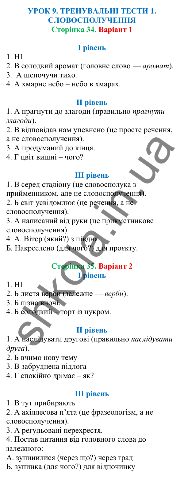Відповіді до тренувальних тестів 1 (с. 34) з української мови для 8 класу (Онатій, 2025): Словосполучення