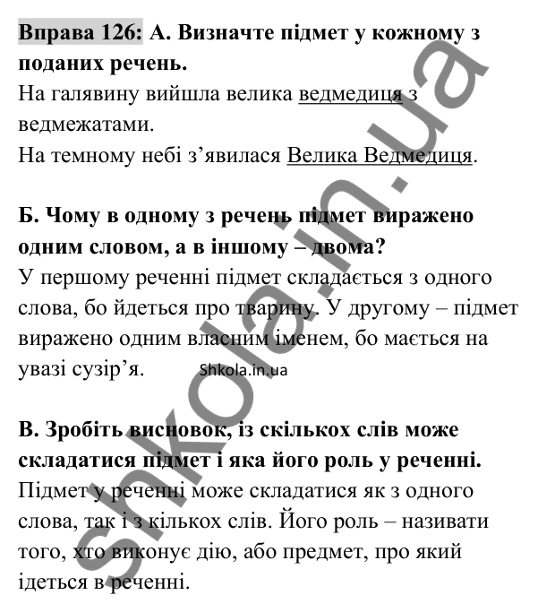 Відповідь до вправи 126 (с. 50) з української мови для 8 класу (Заболотний, 2025): Підмет