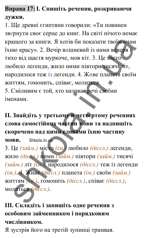 Відповідь до вправи 17 (с. 12) з української мови для 8 класу (Заболотний, 2025): Самостійні частини мови