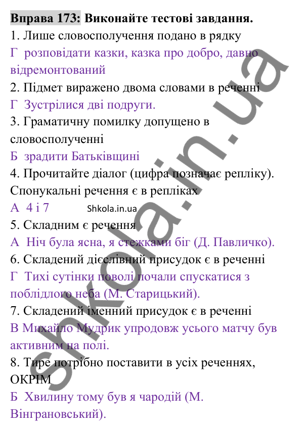 Відповідь до вправи 173 (с. 71) з української мови для 8 класу (Заболотний, 2025): Узагальнення вивченого з теми…
