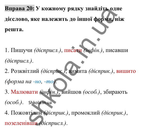 Відповідь до вправи 20 (с. 13) з української мови для 8 класу (Заболотний, 2025): Дієслово та його форми