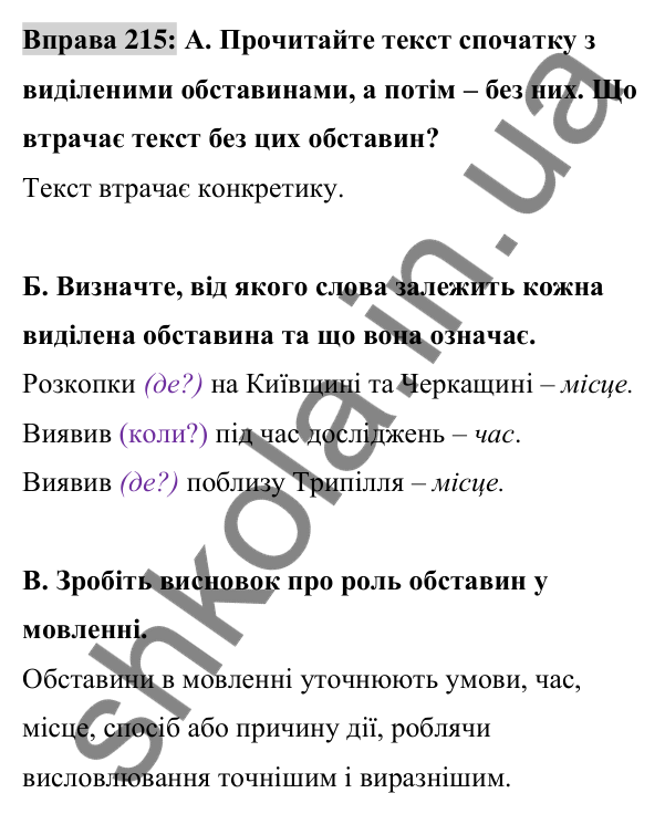 Відповідь до вправи 215 (с. 92) з української мови для 8 класу (Заболотний, 2025): Обставина