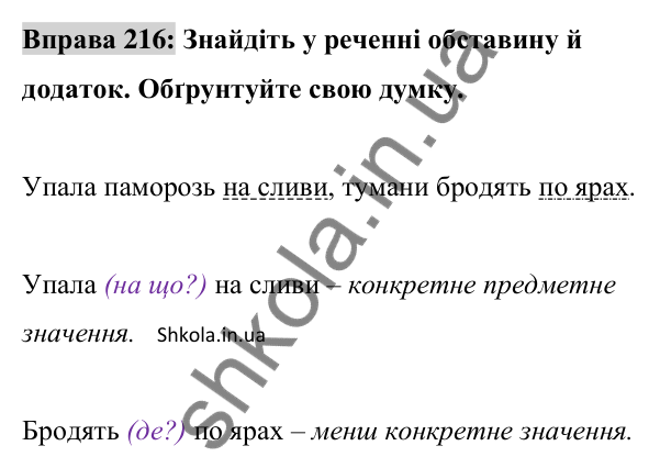 Відповідь до вправи 216 (с. 93) з української мови для 8 класу (Заболотний, 2025): Обставина