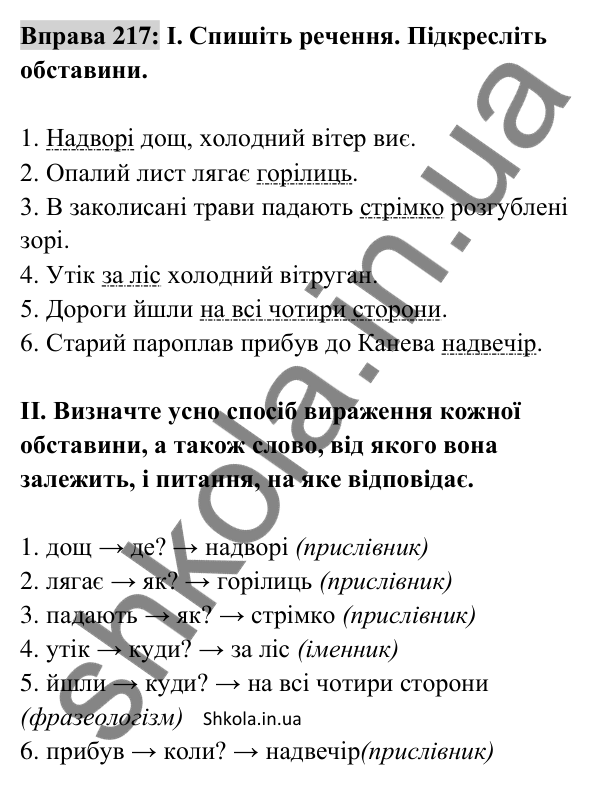 Відповідь до вправи 217 (с. 93) з української мови для 8 класу (Заболотний, 2025): Обставина