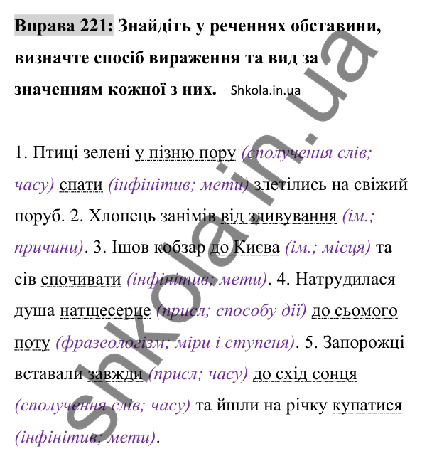 Відповідь до вправи 221 (с. 95) з української мови для 8 класу (Заболотний, 2025): Обставина