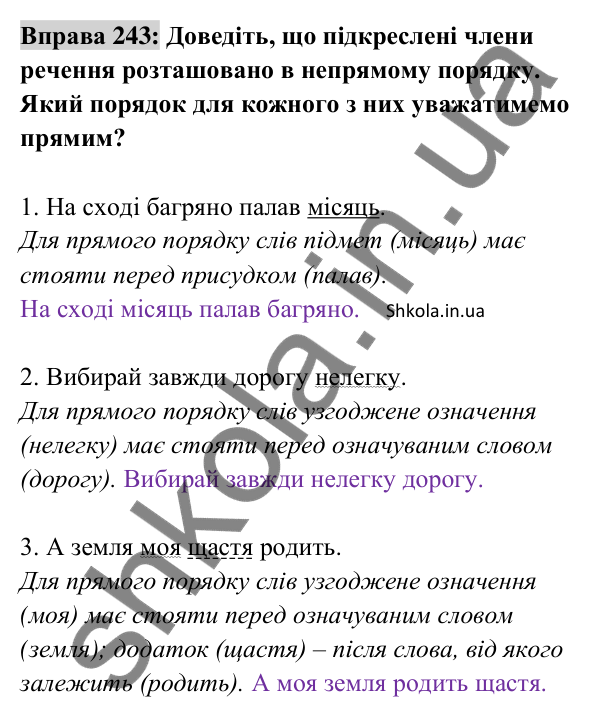 Відповідь до вправи 243 (с. 104) з української мови для 8 класу (Заболотний, 2025): Порядок слів у реченні. Логічний наголос