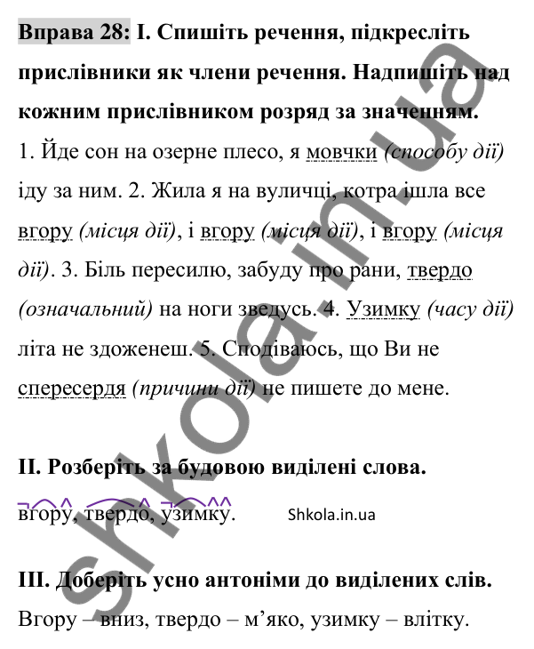 Відповідь до вправи 28 (с. 16) з української мови для 8 класу (Заболотний, 2025): Розряди прислівників за значенням