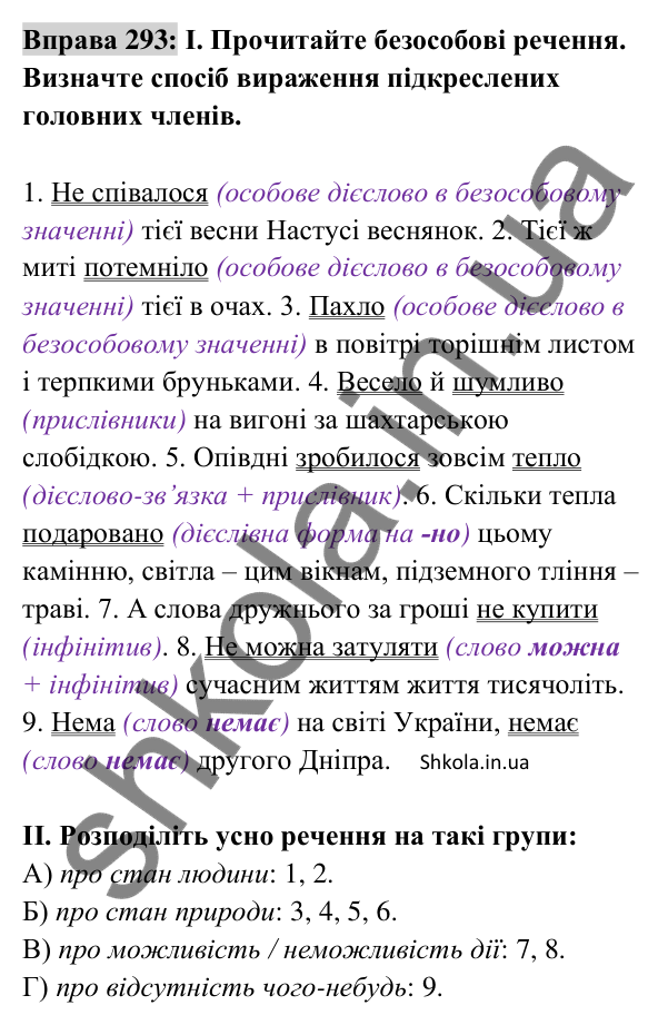 Відповідь до вправи 293 (с. 126) з української мови для 8 класу (Заболотний, 2025): Безособові речення