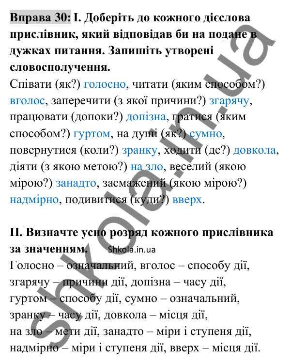Відповідь до вправи 30 (с. 16) з української мови для 8 класу (Заболотний, 2025): Розряди прислівників за значенням
