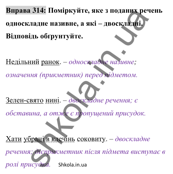Відповідь до вправи 314 (с. 132) з української мови для 8 класу (Заболотний, 2025): Називні речення