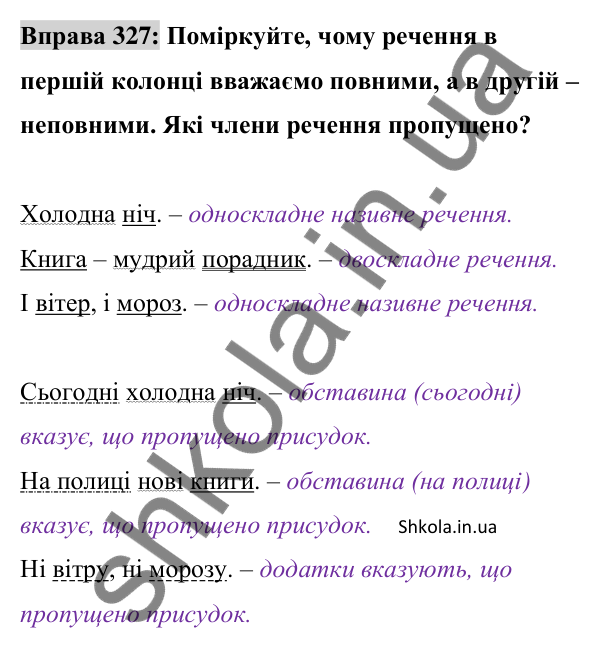 Відповідь до вправи 327 (с. 137) з української мови для 8 класу (Заболотний, 2025): Повні і неповні речення