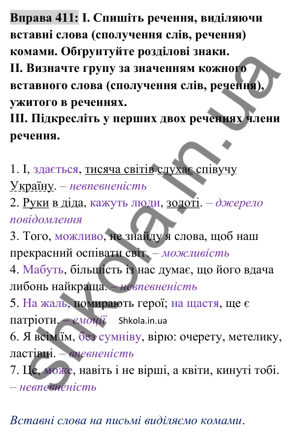 Відповідь до вправи 411 (с. 180) з української мови для 8 класу (Заболотний, 2025): Вставні слова (сполучення слів, речення)