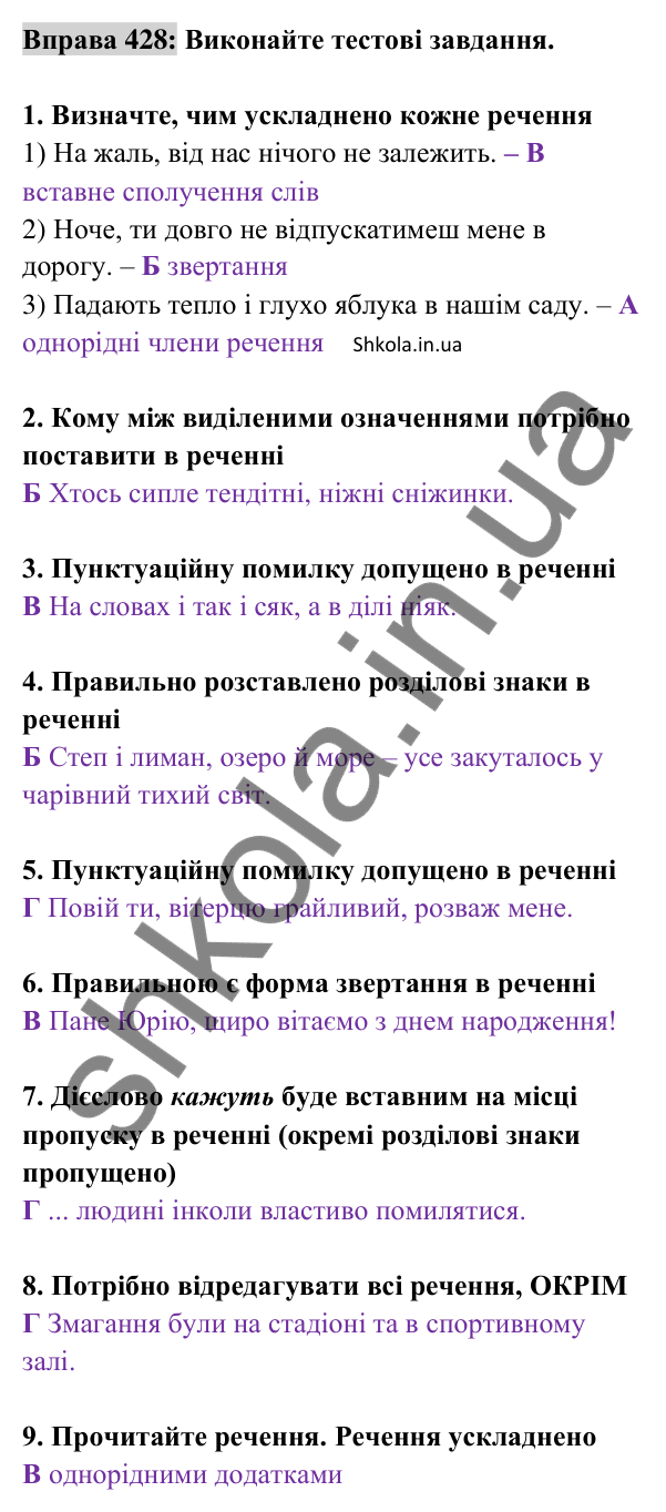 Відповідь до вправи 428 (с. 187) з української мови для 8 класу (Заболотний, 2025): Узагальнення вивченого з тем «Речення з…