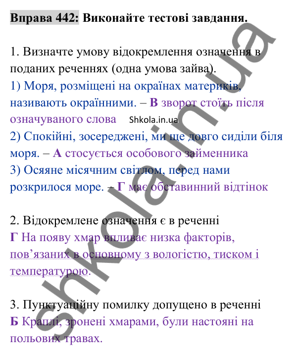 Відповідь до вправи 442 (с. 195) з української мови для 8 класу (Заболотний, 2025): Відокремлені означення