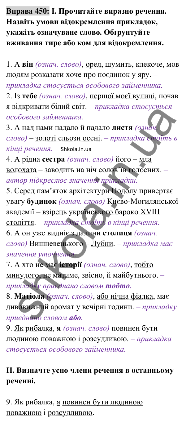 Відповідь до вправи 450 (с. 199) з української мови для 8 класу (Заболотний, 2025): Відокремлені прикладки